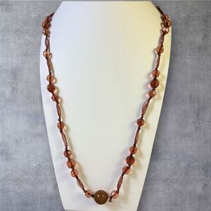 297. Amber Lucite Beaded‎ Necklace on Ribbon Chain